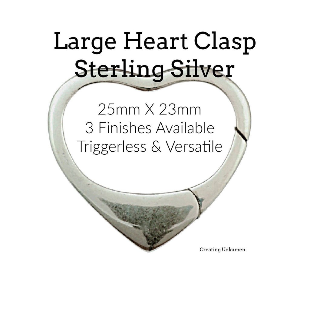 1 Sterling Silver Heart Lobster Clasp - Triggerless - 25mm X 23mm - Shiny, Antique or Black - Best Commercially Made - 100% Guarantee