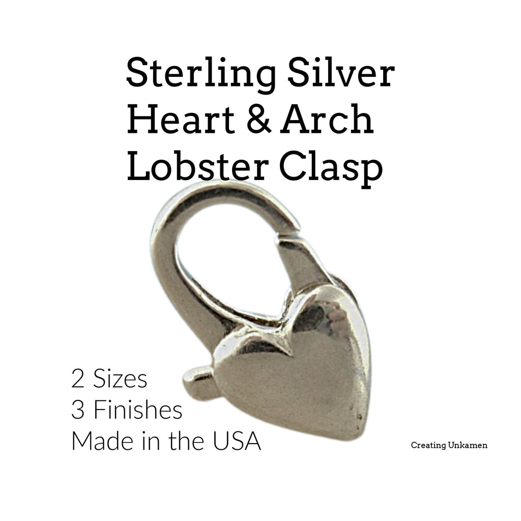 1 Sterling Silver Heart and Arch Lobster Clasp - Shiny, Antique or Black - Best Commercially Made - You Pick Size - 100% Guarantee
