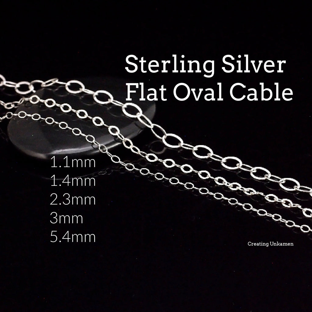 Sterling Silver Flat Oval Cable Chain - Finished with Clasp or By the Foot in 5 Widths 1.1mm, 1.4mm, 2.3mm, 3mm, 5.4mm - Made in the USA