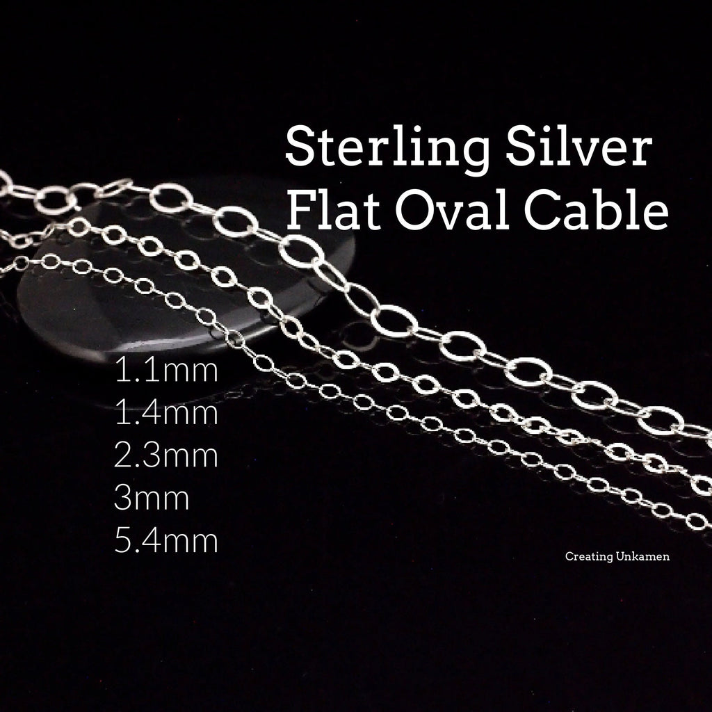 Sterling Silver Flat Oval Cable Chain - Any Length Finished with Clasp or By the Foot in 5 Widths 1.1mm, 1.4mm, 2.3mm, 3mm, 5.4mm
