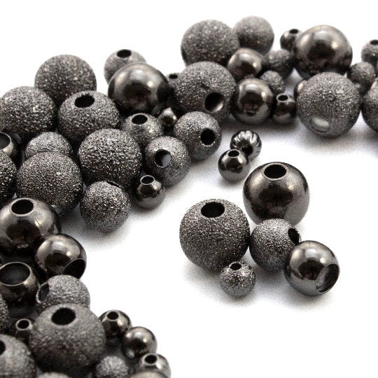50 Mixed Gunmetal Round Beads - Smooth, Stardust and Corrugated 100% Guarantee