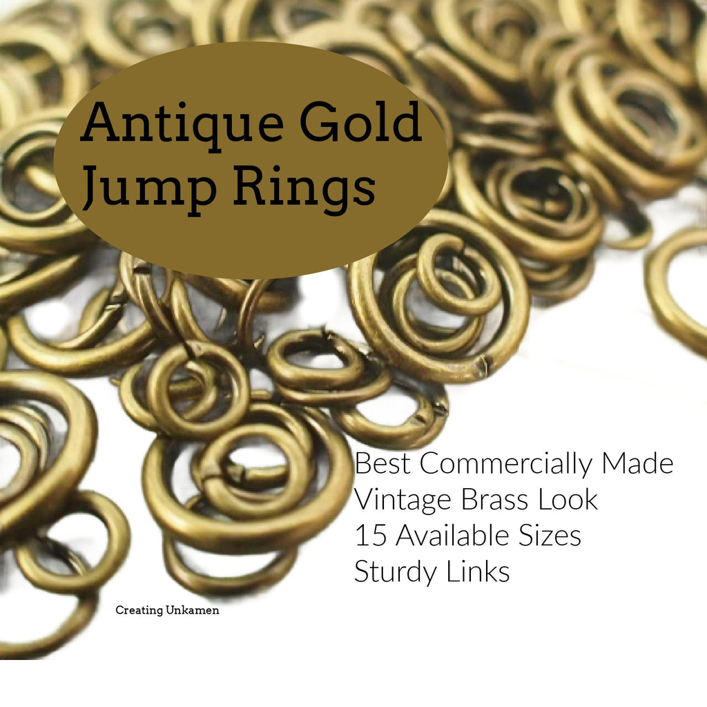 100 Antique Gold Jump Rings - Vintage Look in 22, 20, 18, 16 Gauge - Best Commercially Made - 100 % Guarantee