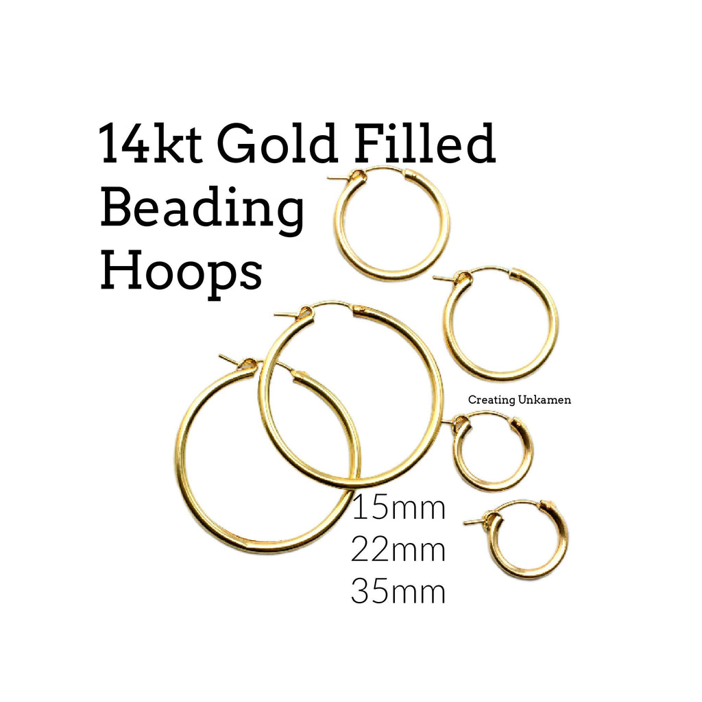 1 Pair Beading Hoop Earrings 14kt Gold Filled Hinged - 15mm, 22mm, 35mm Made in the USA