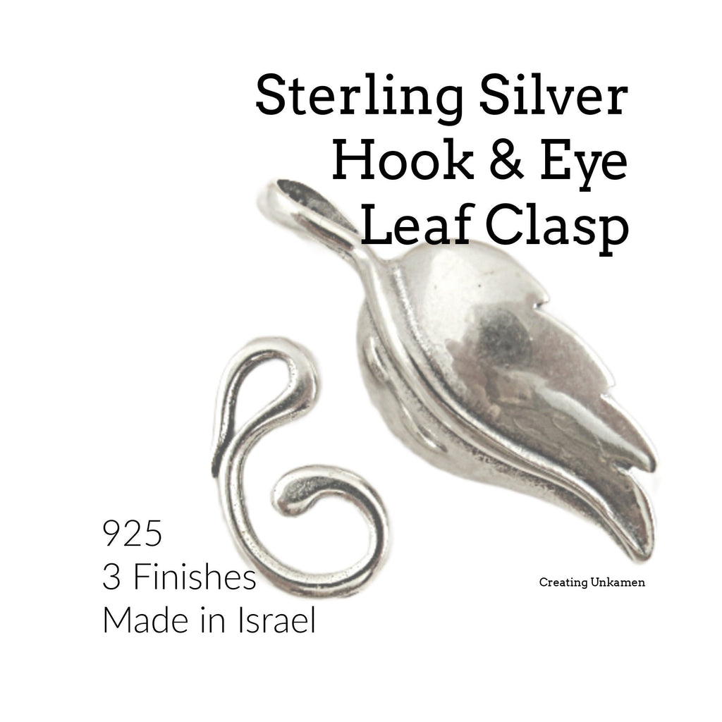 Hook and Eye Clasp 1 Sterling Silver Leaf with Vine 31mm X 13mm