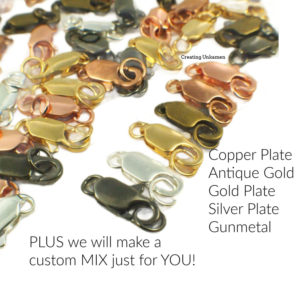5 Small Flat Lobster Clasps 12mm X 5mm - Copper, Gunmetal, Silver, Gold, or Antique Gold Plated Brass with Jump Rings