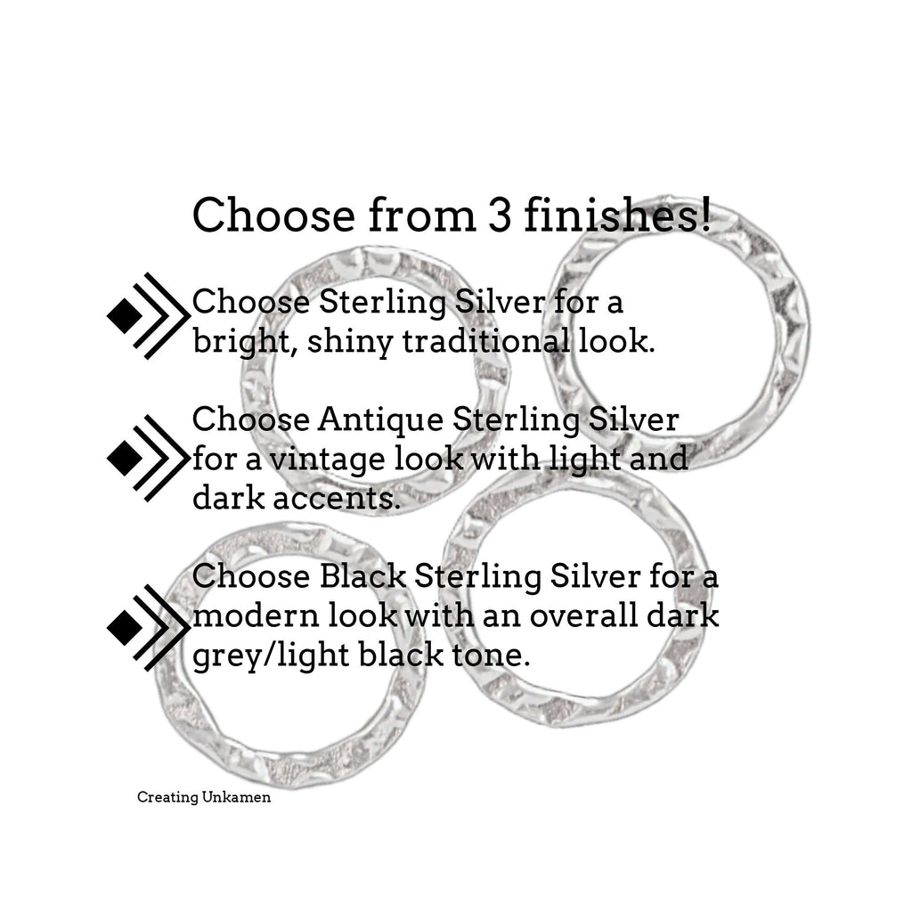 2 Round Sterling Silver Textured Links in 12mm, 15mm, 20mm or 23mm - Shiny, Antique or Black