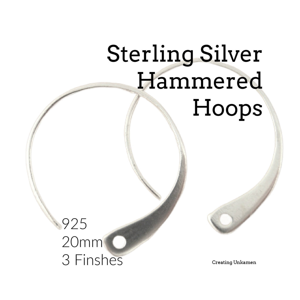1 Pair 20mm Sterling Silver Ear Wires - Hammered Hoops with Hole - Bright, Antique or Black Finish