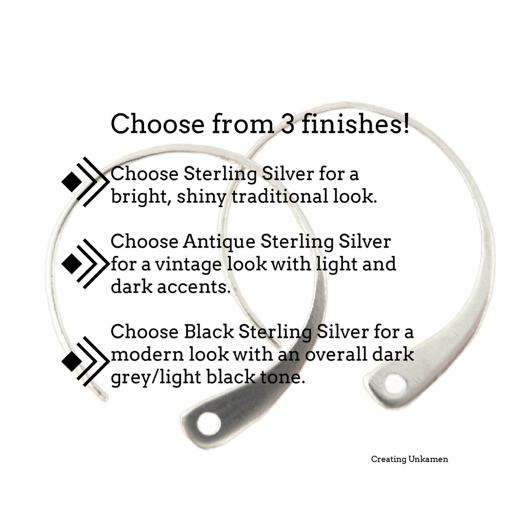 1 Pair 20mm Sterling Silver Ear Wires - Hammered Hoops with Hole - Bright, Antique or Black Finish