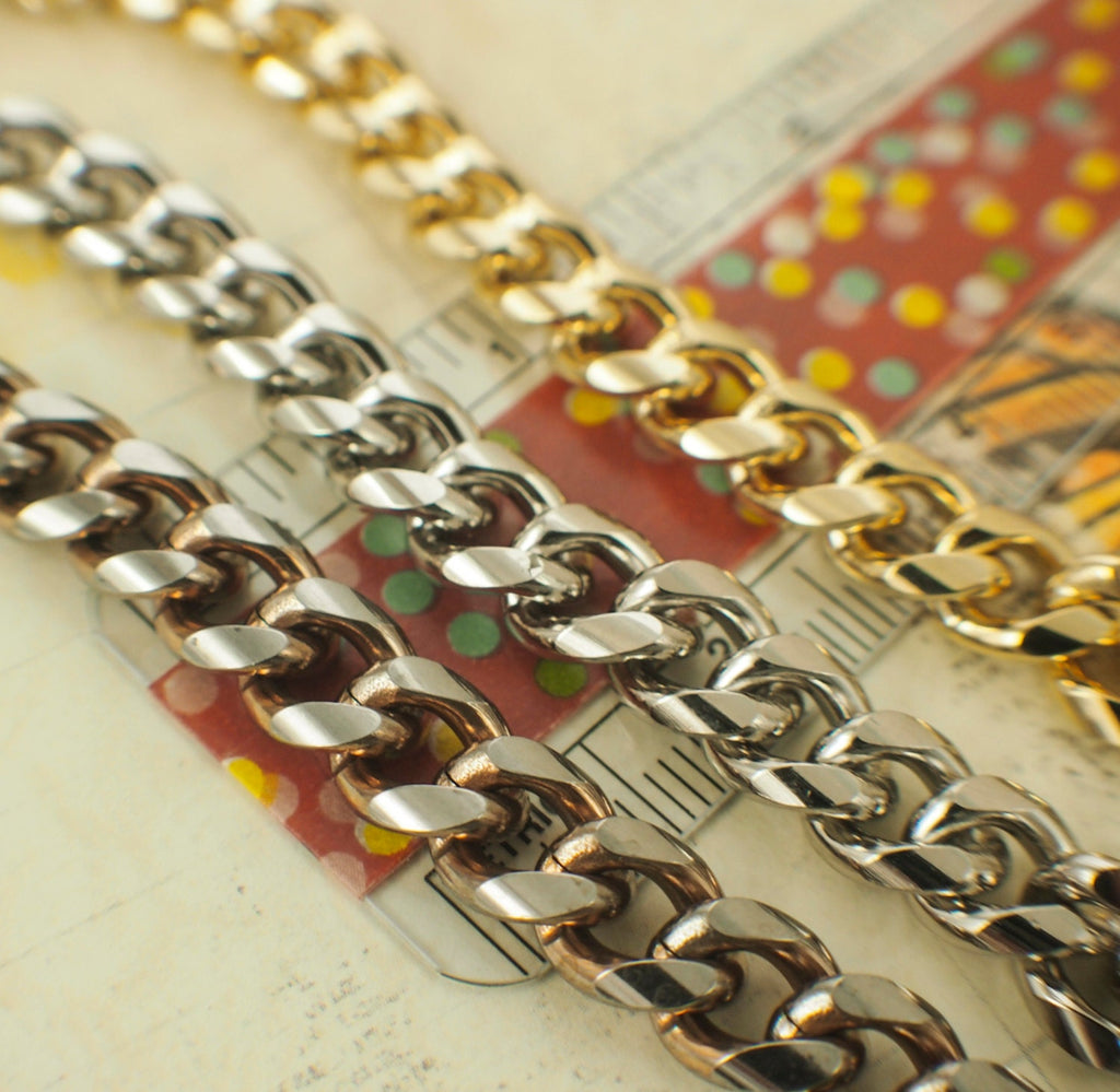 Rhodium Plate, 14kt Gold Plate, 18kt Gold Plate 8.6mm Diamond Cut Curb Chain - By The Foot - Made in the USA
