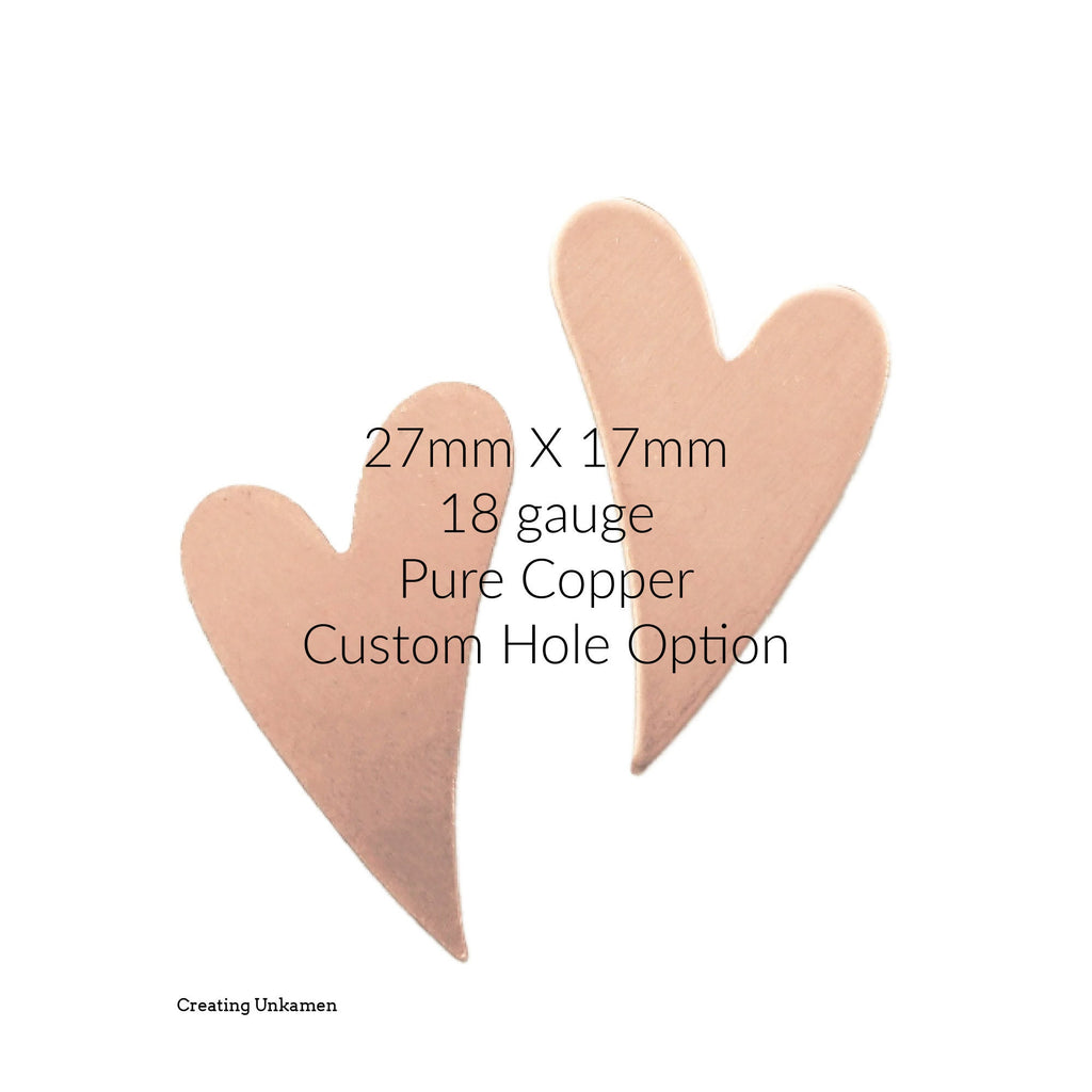 4 Stylish Copper Heart Stamping Blanks, Discs - Filed and Polished - 27mm X 17mm