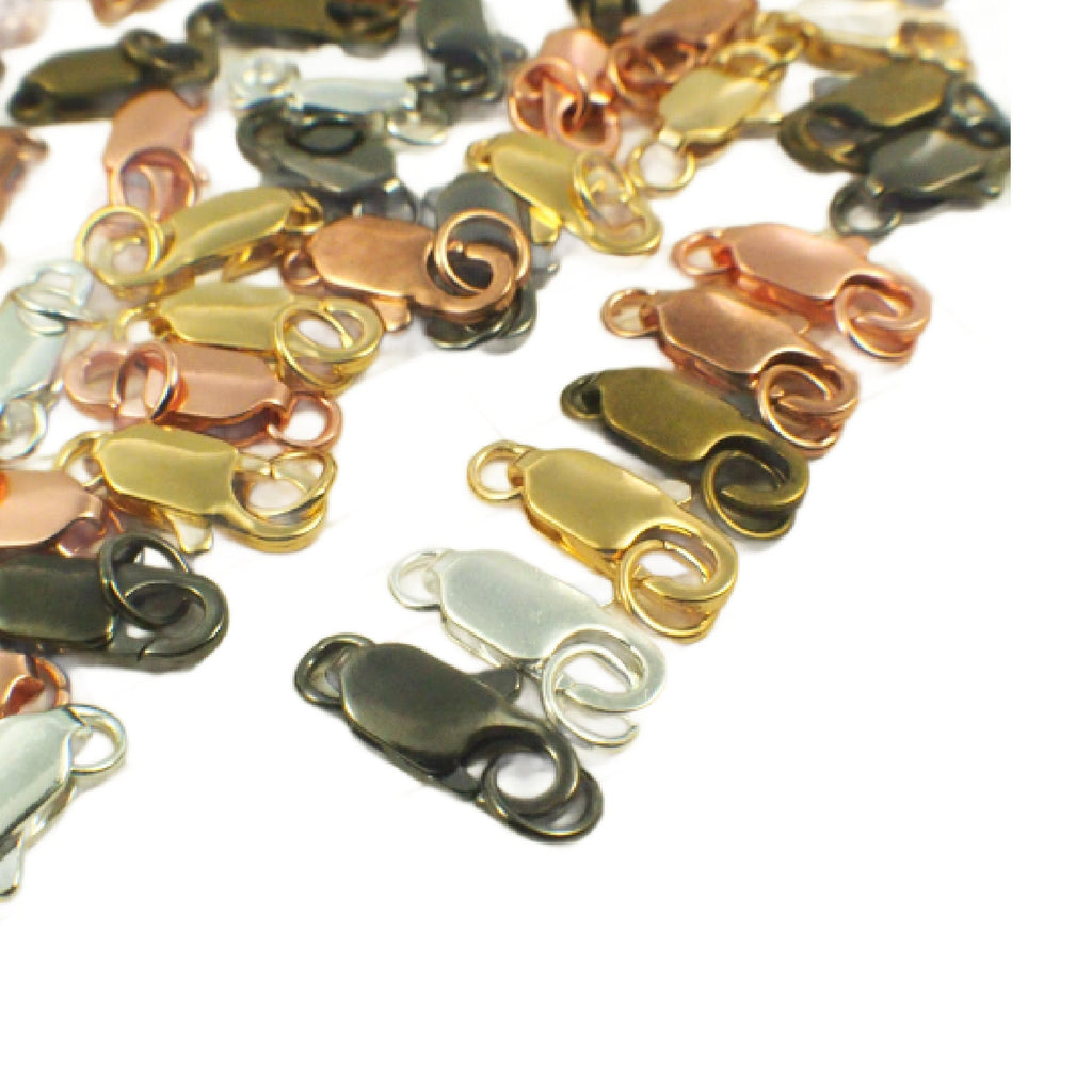5 Small Flat Lobster Clasps 12mm X 5mm - Copper, Gunmetal, Silver, Gold, or Antique Gold Plated Brass with Jump Rings