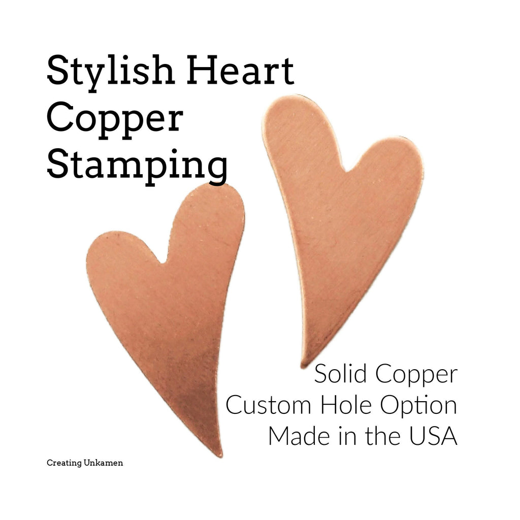 4 Stylish Copper Heart Stamping Blanks, Discs - Filed and Polished - 27mm X 17mm