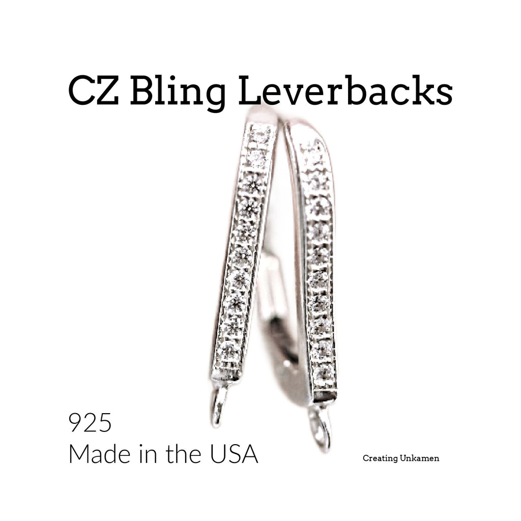 1 Pair CZ Bling Sterling Silver Leverback Ear Wires - 18mm X 12mm