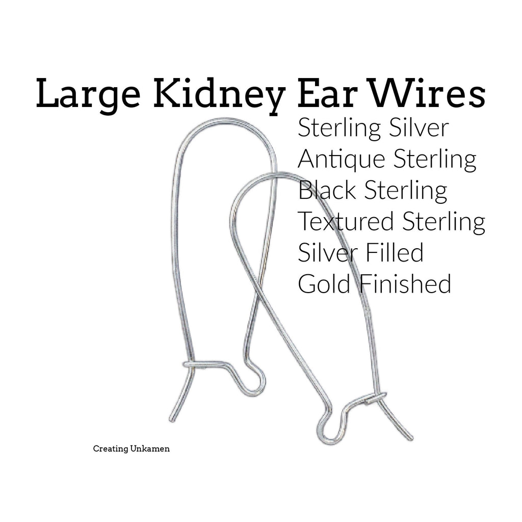 1 Pair Large Kidney Ear Wires - 21 gauge in Sterling Silver, Silver Filled, Antique Sterling, Black Sterling, Vermeil