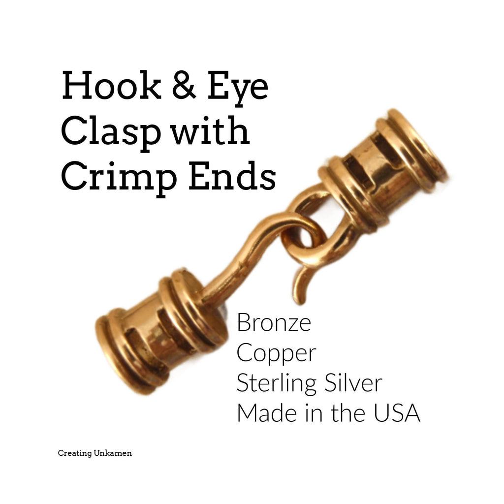 1 Set Bronze, Copper or Sterling Silver Cord Crimp Style Hook and Eye Clasp - 25mm X 6mm - Made in the USA