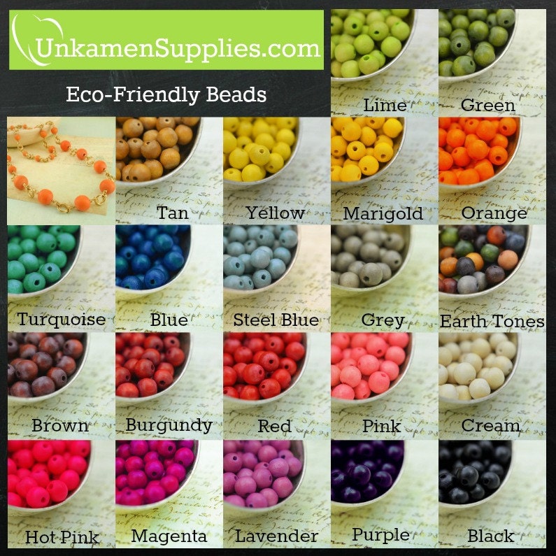 50 Round Wooden Beads Eco-Friendly 8mm in Red, Orange, Yellow, Blue, Green, Purple, Silver, Gold, Brown, Black, Grey, White, Pink & Mixes