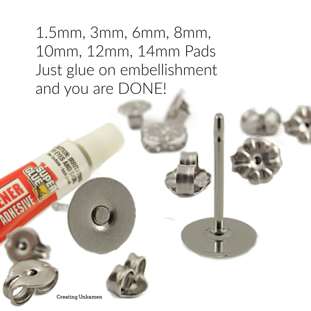 20 pairs Surgical Stainless Steel Earring Posts KIT 1.5mm, 3mm, 6mm, 8mm, 10mm, 12mm, 14mm Pad - Glue On - Hypoallergenic - Silver or Gold