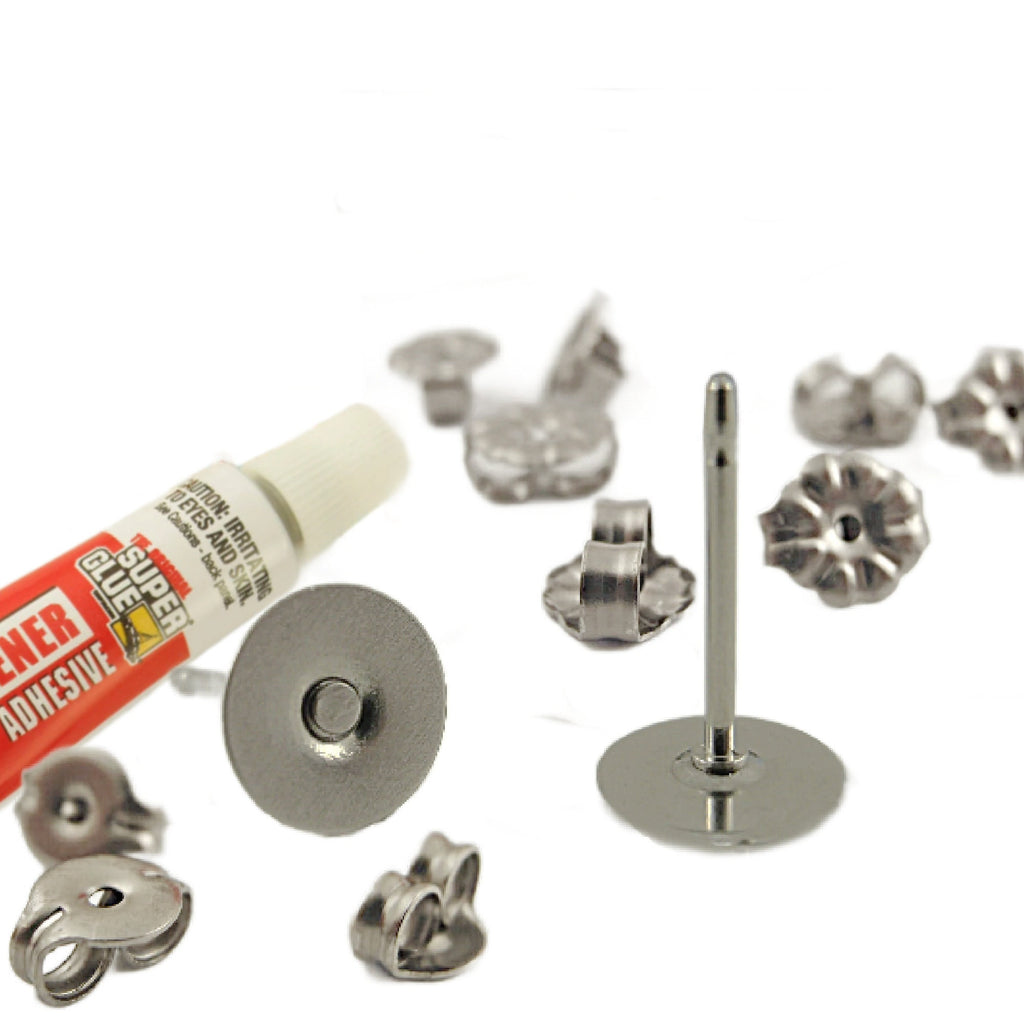 20 pairs Surgical Stainless Steel Earring Posts KIT 1.5mm, 3mm, 6mm, 8mm, 10mm, 12mm, 14mm Pad - Glue On - Hypoallergenic - Silver or Gold