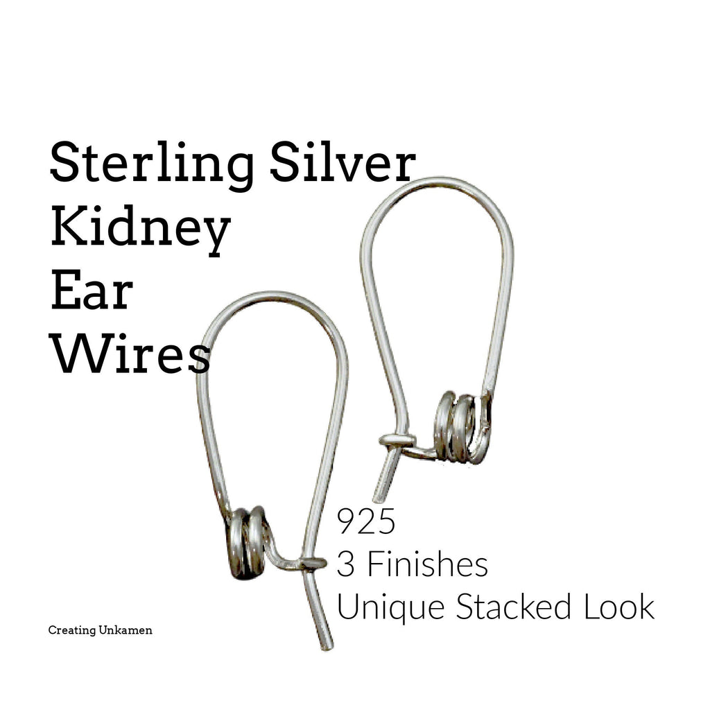 1 Pair Kidney Ear Wires Sterling Silver Double Spiral - 19 gauge in Shiny, Antique and Black