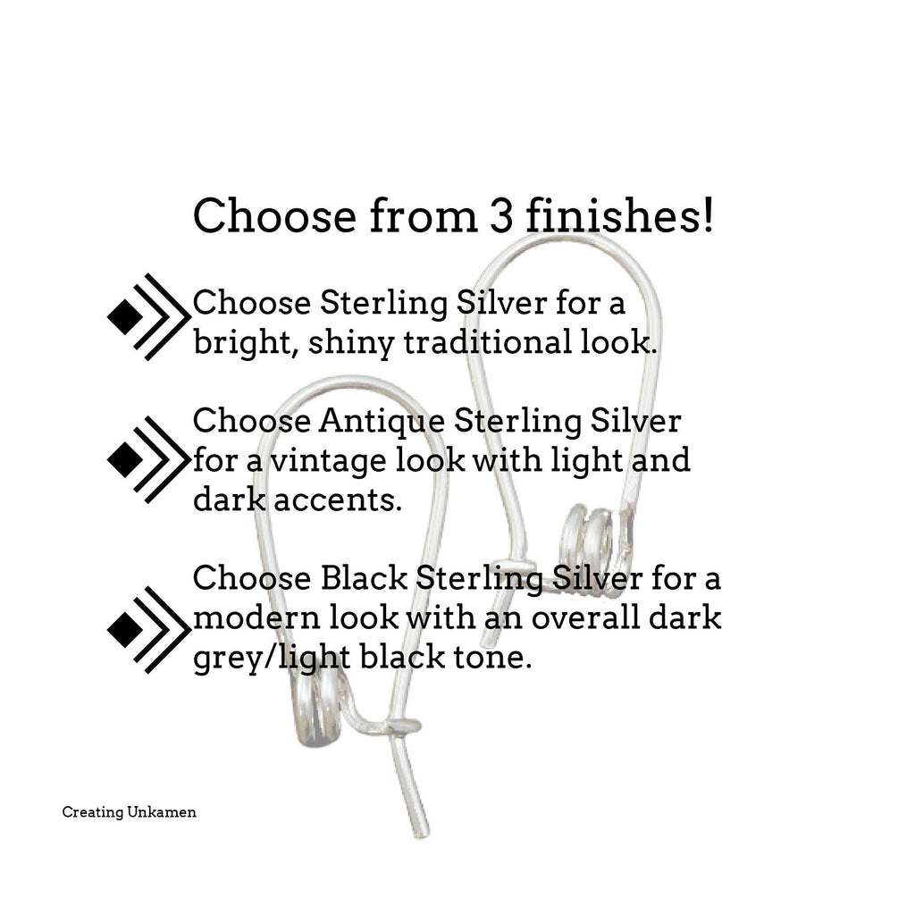 1 Pair Kidney Ear Wires Sterling Silver Double Spiral - 19 gauge in Shiny, Antique and Black