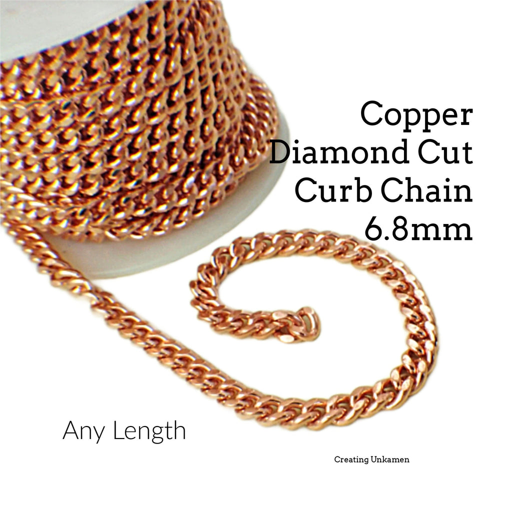 Solid Copper Diamond Cut Curb Chain 6.8mm Made in the USA - Any Length Finished or by the Foot and Bulk