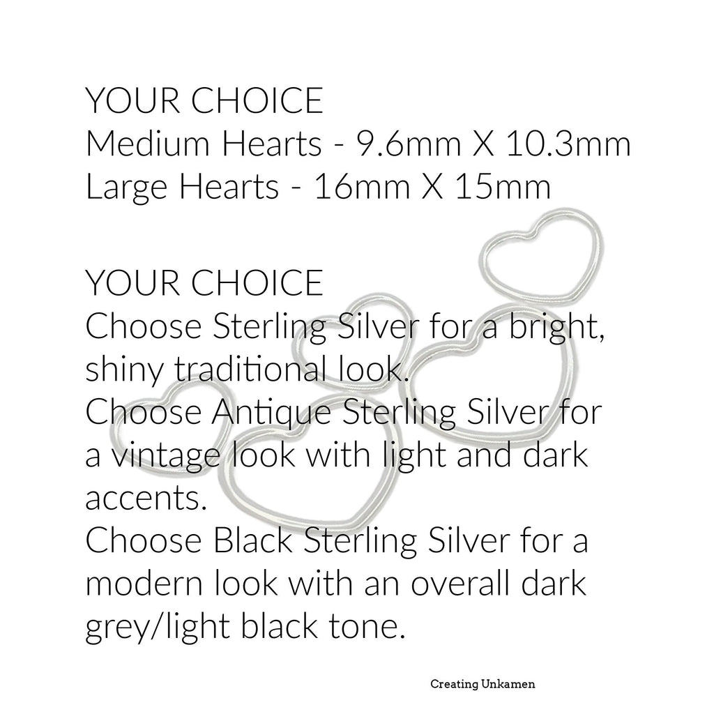 Sterling Silver Heart Components - Medium or Large - 100% Guarantee in Shiny, Antique or Black