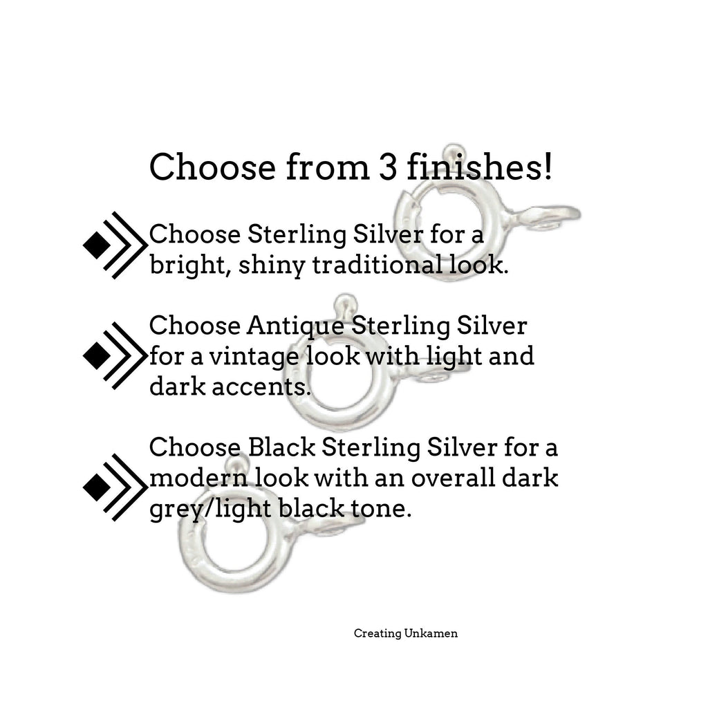 5 - Sterling Silver Spring Clasps - 5mm, 5.5mm, 6mm, 7mm or 8mm - Bright, Antique or Black Custom Finish - Made in the USA