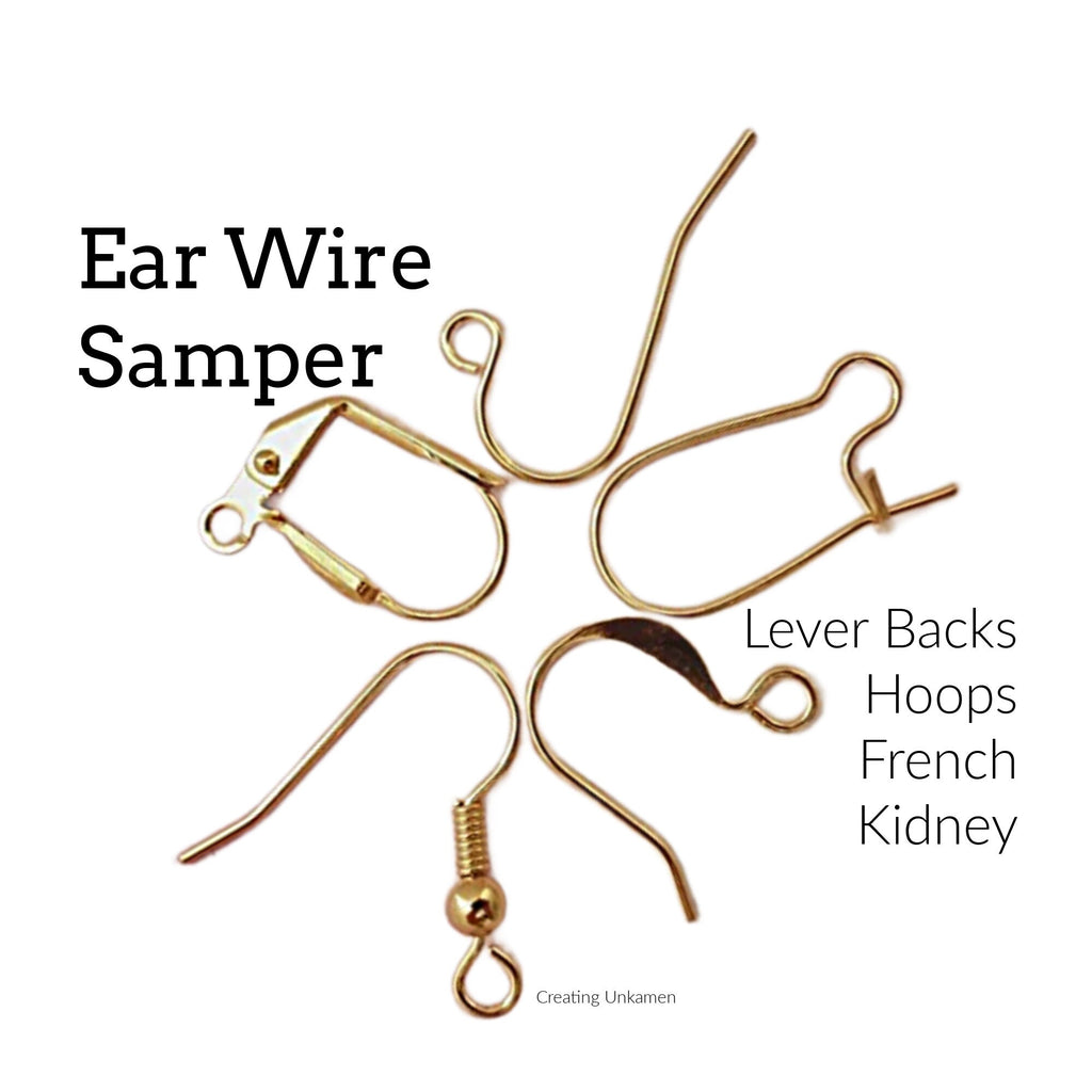 Ear Wires 50 Pairs Sample Pack of Lever Backs, Hoops, French and Kidney in Gold Plate, Silver Plate, Copper, Gunmetal or Antique Gold