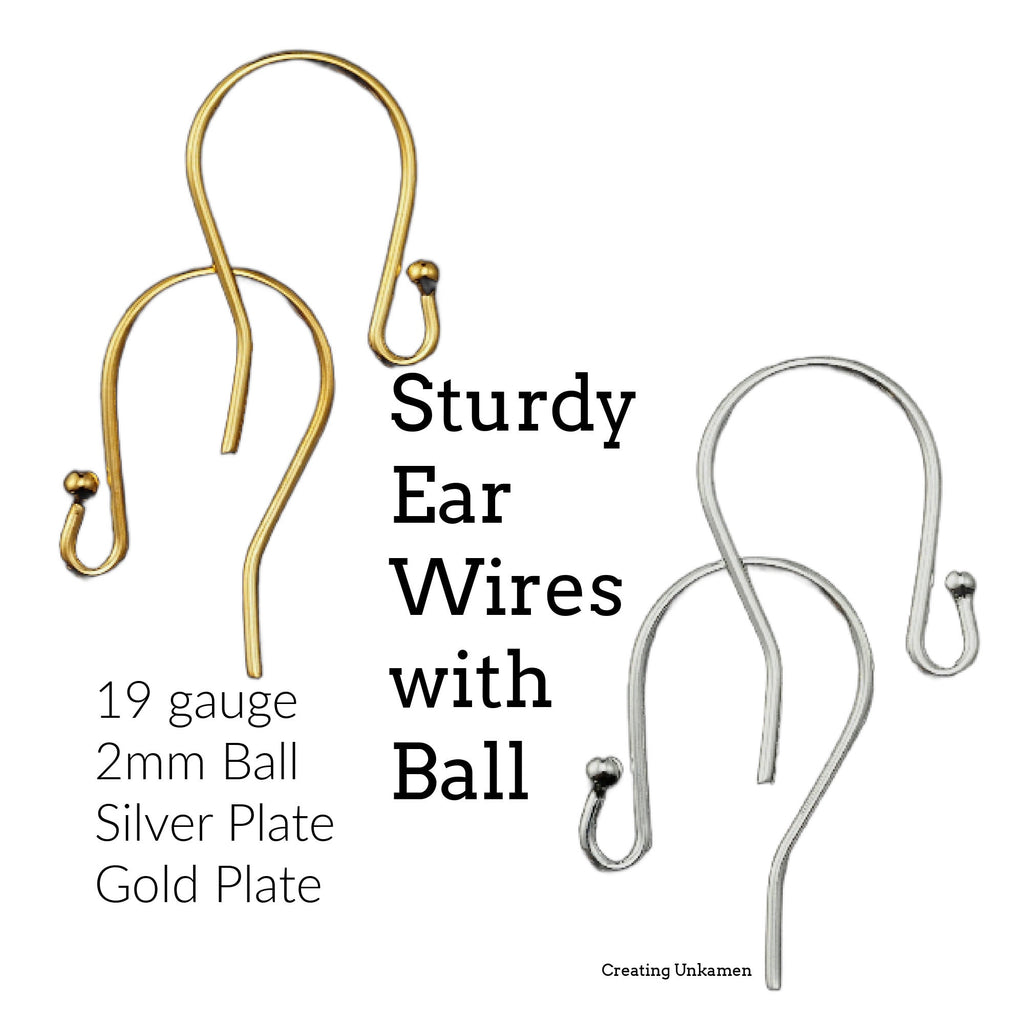 4 pairs Ear Wires in 19 gauge with 2mm Ball - Gold or Silver Plated - 100% Guarantee