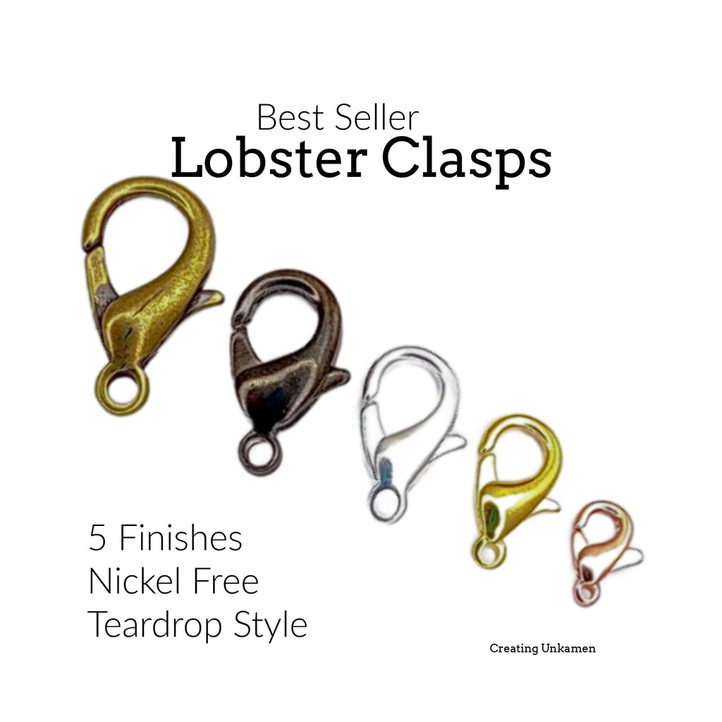 4 Lobster Clasps - Teardrop Style in 4 Sizes in Silver, Gold, Antique Gold, Copper or Gunmetal Plated Brass - 100% Guarantee