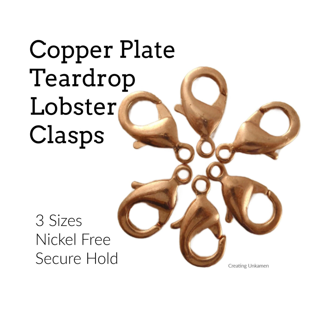 10 Lobster Clasps - Teardrop Style - Copper Plated Brass - Small 8.5mm X 6mm or Large 15mm X 8mm 100% Guarantee