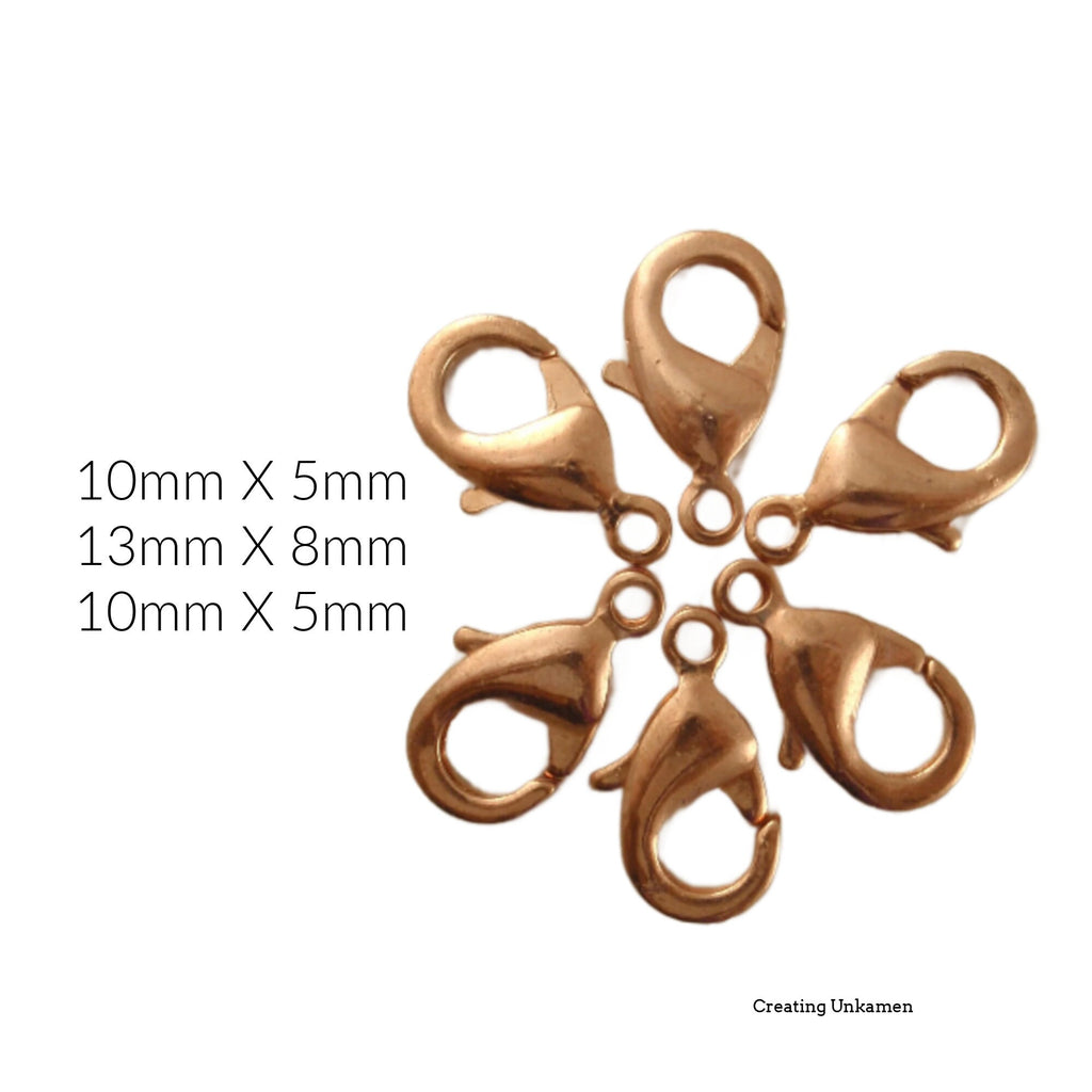 10 Lobster Clasps - Teardrop Style - Copper Plated Brass - Small 8.5mm X 6mm or Large 15mm X 8mm 100% Guarantee