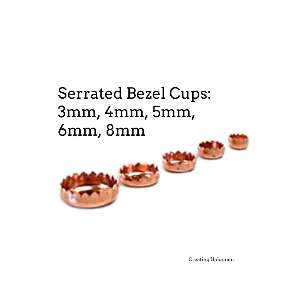 Raw Copper Plain and Serrated Round Bezel Cups - 3mm, 4mm, 5mm, 6mm, 8mm, and 10mm