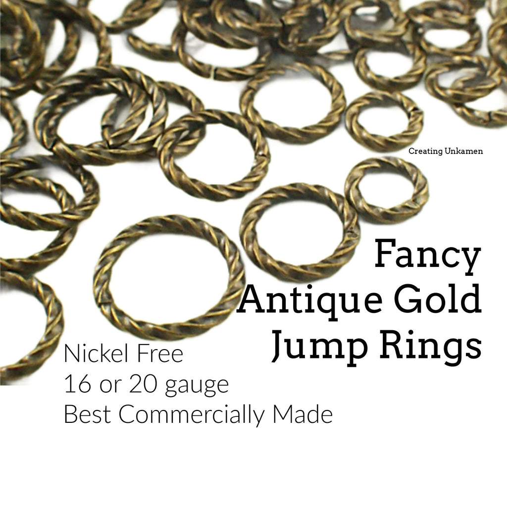 100 Fancy Antique Gold Jump Rings in 16 gauge and 20 gauge or Mix - Best Commercially Made - 100% Guarantee