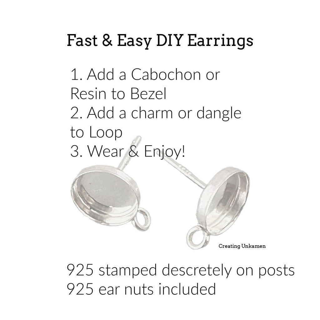 Sterling Silver Earring Posts Cabochon Mountings 6mm, 8mm, 10mm With Ear Nuts