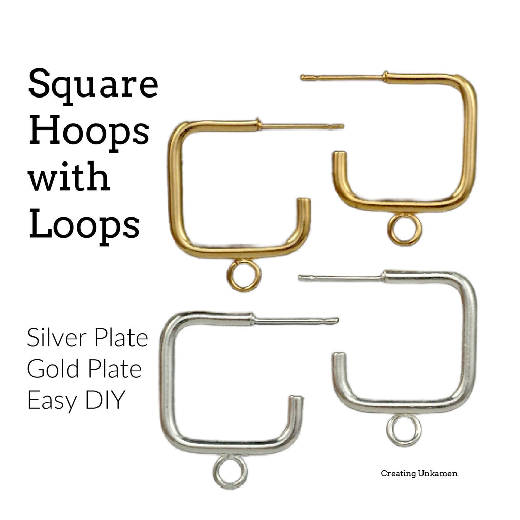 2 Pairs Square Hoops with Loops in Silver Plate and Gold Plate 17mm