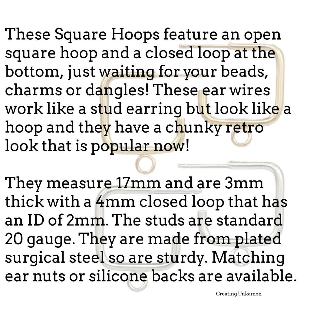 2 Pairs Square Hoops with Loops in Silver Plate and Gold Plate 17mm