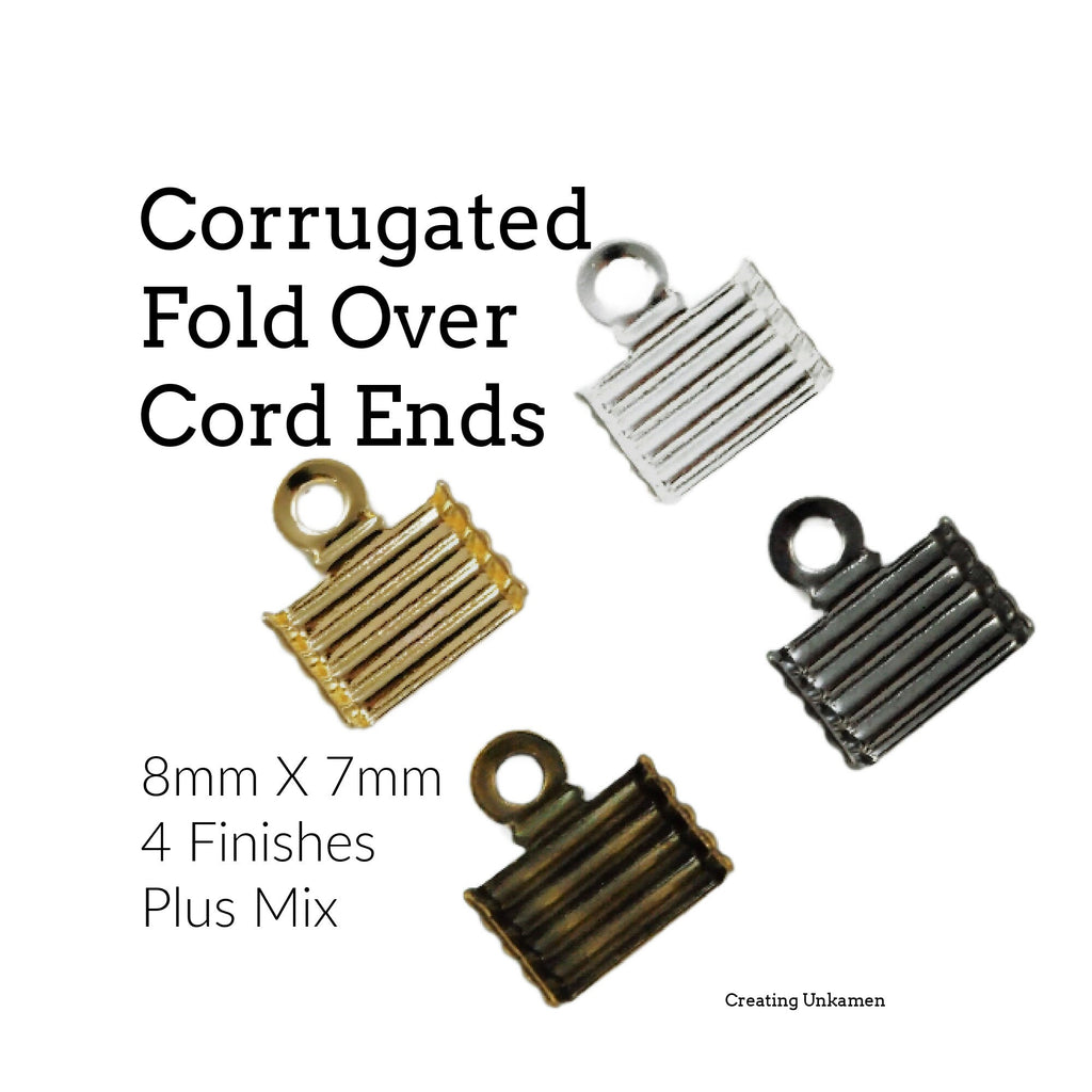 40 - 8mm X 7mm Corrugated Fold Over Cord Ends - Silver Plated, Gold Plated, Antique Gold & Gunmetal - Best Commercially Made