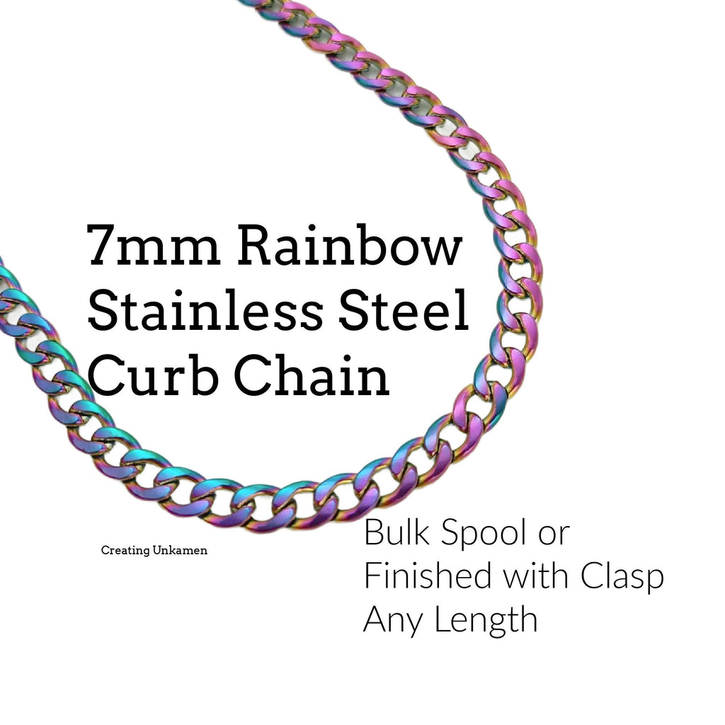 7mm Curb Chain in Rainbow Anodized Surgical Steel - By the Foot or Finished Necklace