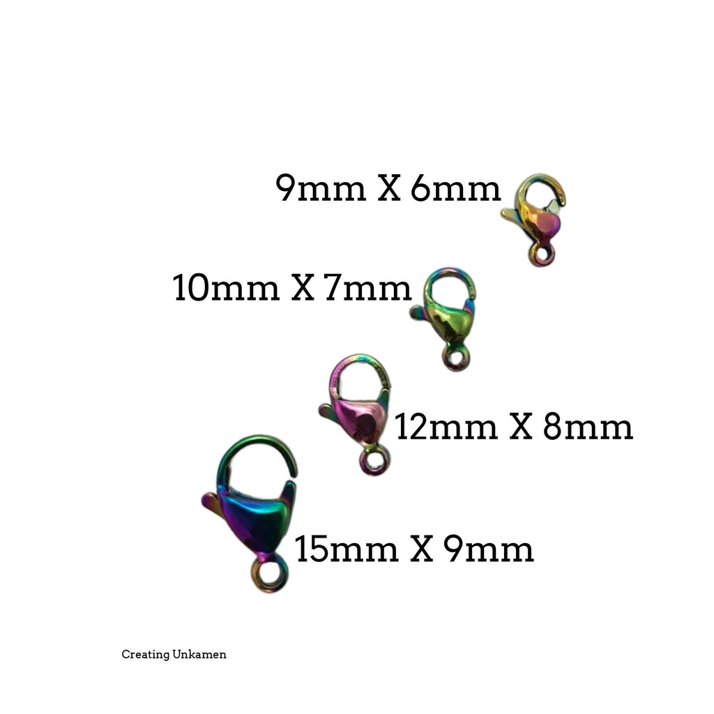 Lobster Clasps - Rainbow Stainless Steel Teardrop Style 9mm, 10mm, 12mm, 15mm
