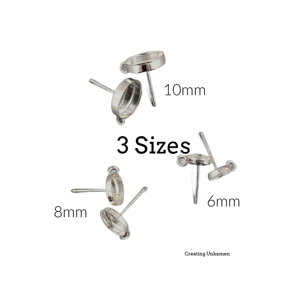 Sterling Silver Earring Posts Cabochon Mountings 6mm, 8mm, 10mm With Ear Nuts