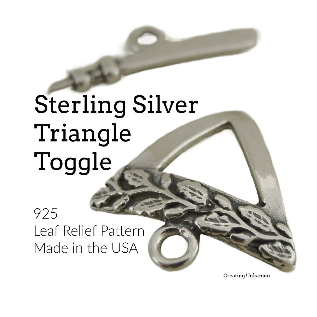 1 Antiqued Sterling Silver Toggle Clasp - Triangle with Leaf Relief - 16mm X 15mm