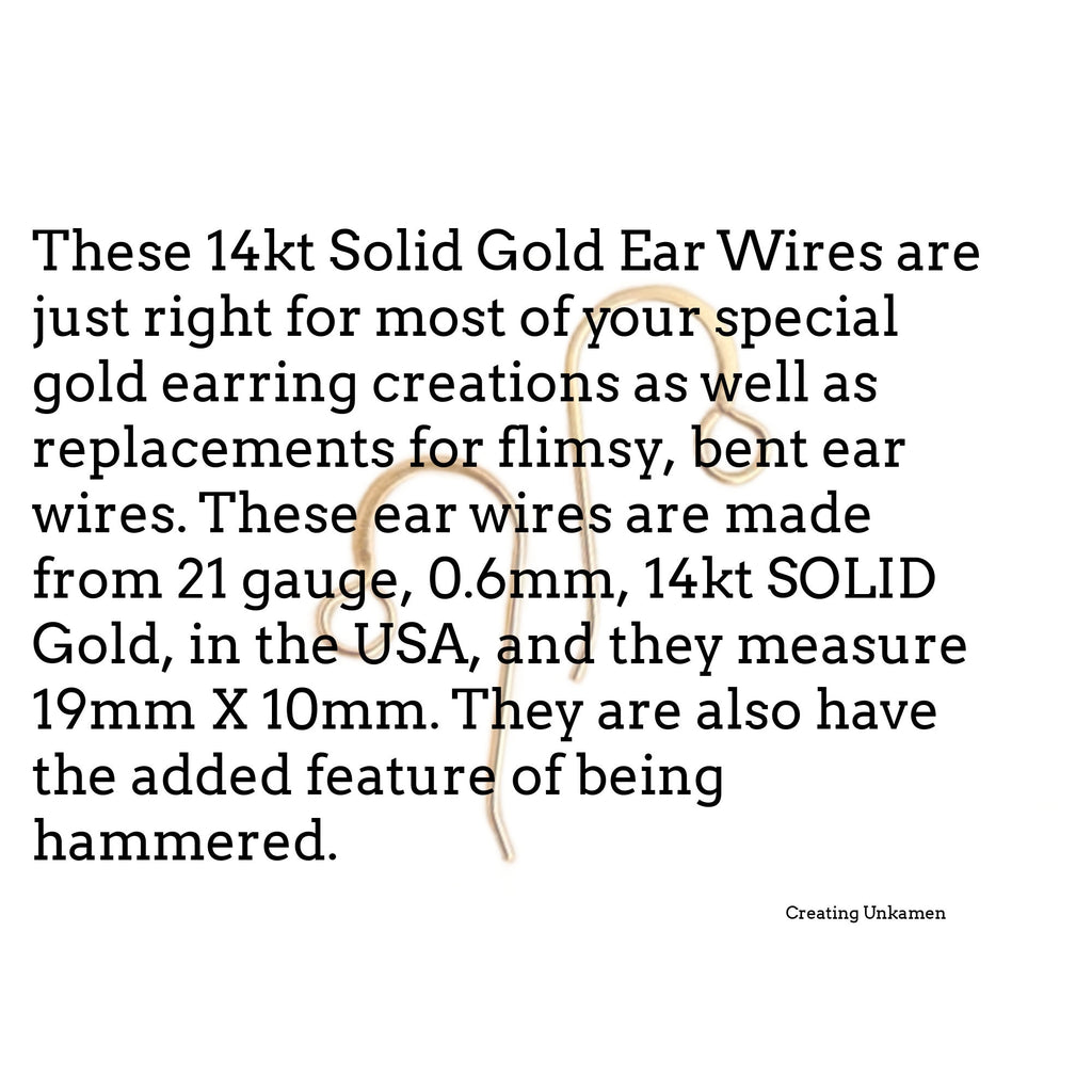 Ear Wires 1 Pair 14kt Solid Gold Hammered