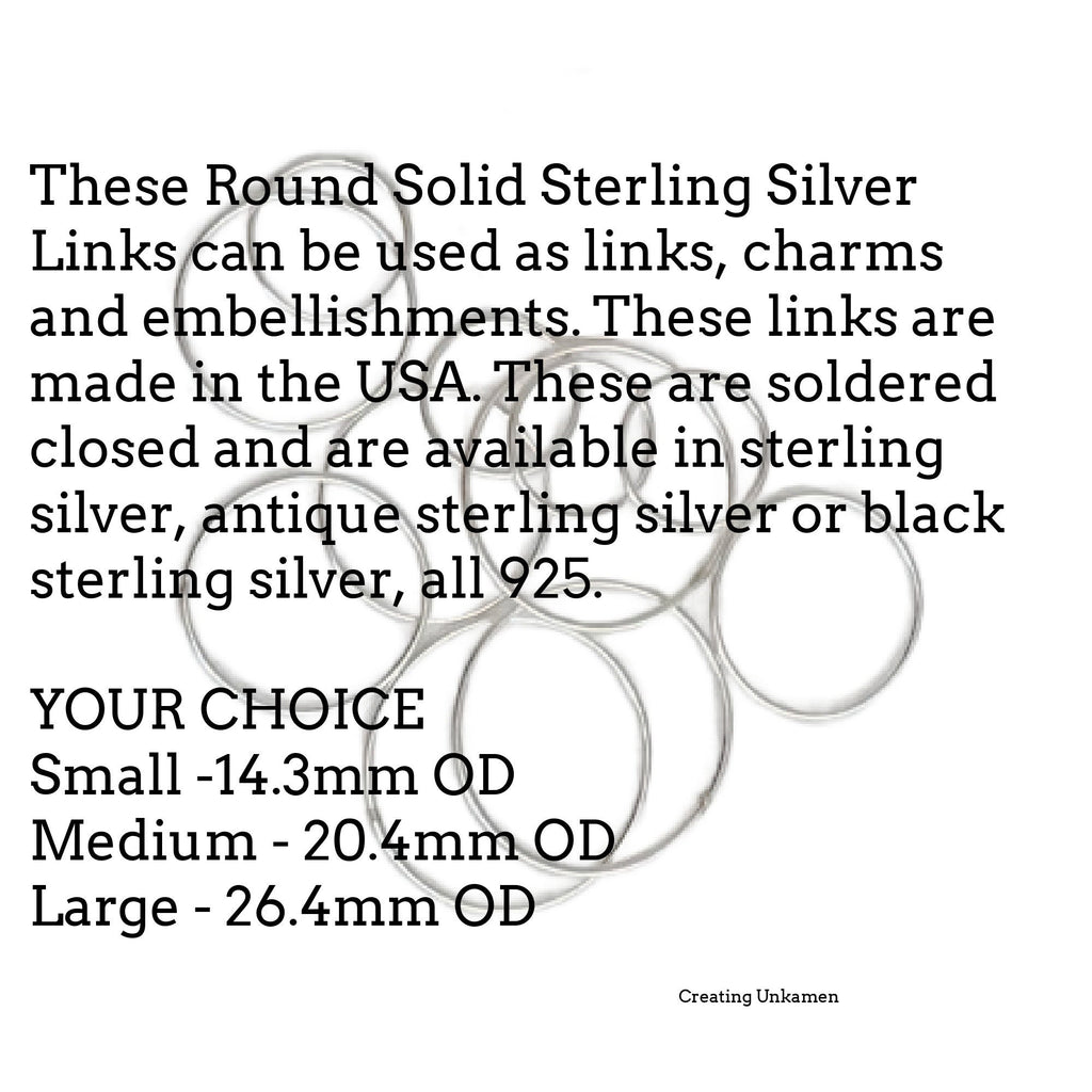 2 Sterling Silver Round Links, Charms, Connectors 14mm, 20mm, 26mm - Soldered Closed - Shiny, Antique or Black