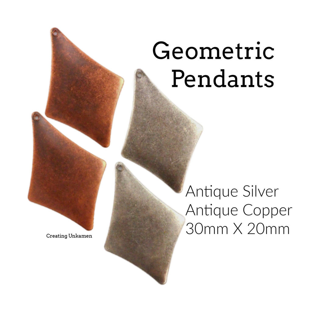 4 Geometric Pendants 30mm X 20mm - Antique Silver, Antique Copper - 100% Guarantee