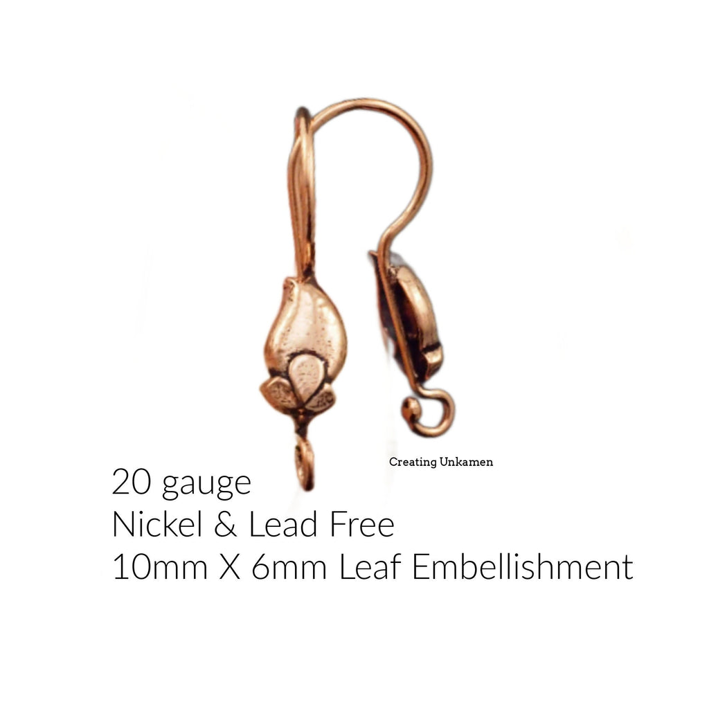 Ear Wires 4 pairs Antique Copper with Leaf - 100% Guarantee