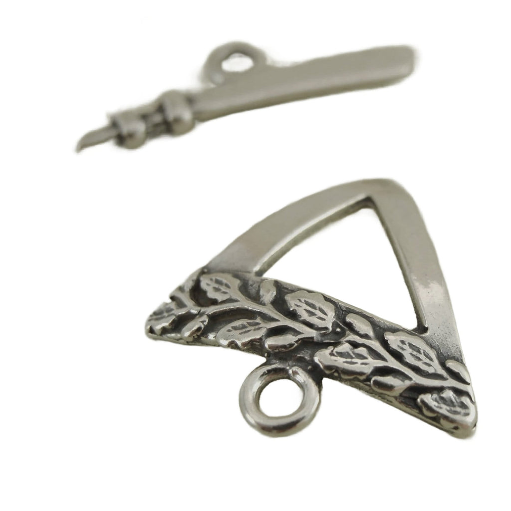 1 Antiqued Sterling Silver Toggle Clasp - Triangle with Leaf Relief - 16mm X 15mm
