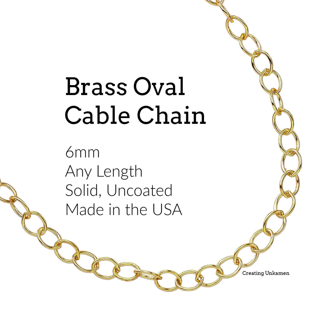 Solid Brass 6mm Links - Oval Cable Chain - By the Foot or Finished with a Gold Plate Lobster Clasp - Made in the USA