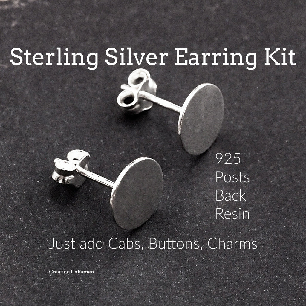 5 pairs Deluxe Sterling Silver Post Earrings Kit with 4mm, 6mm, 8mm, 10mm Pad with Backs and Resin
