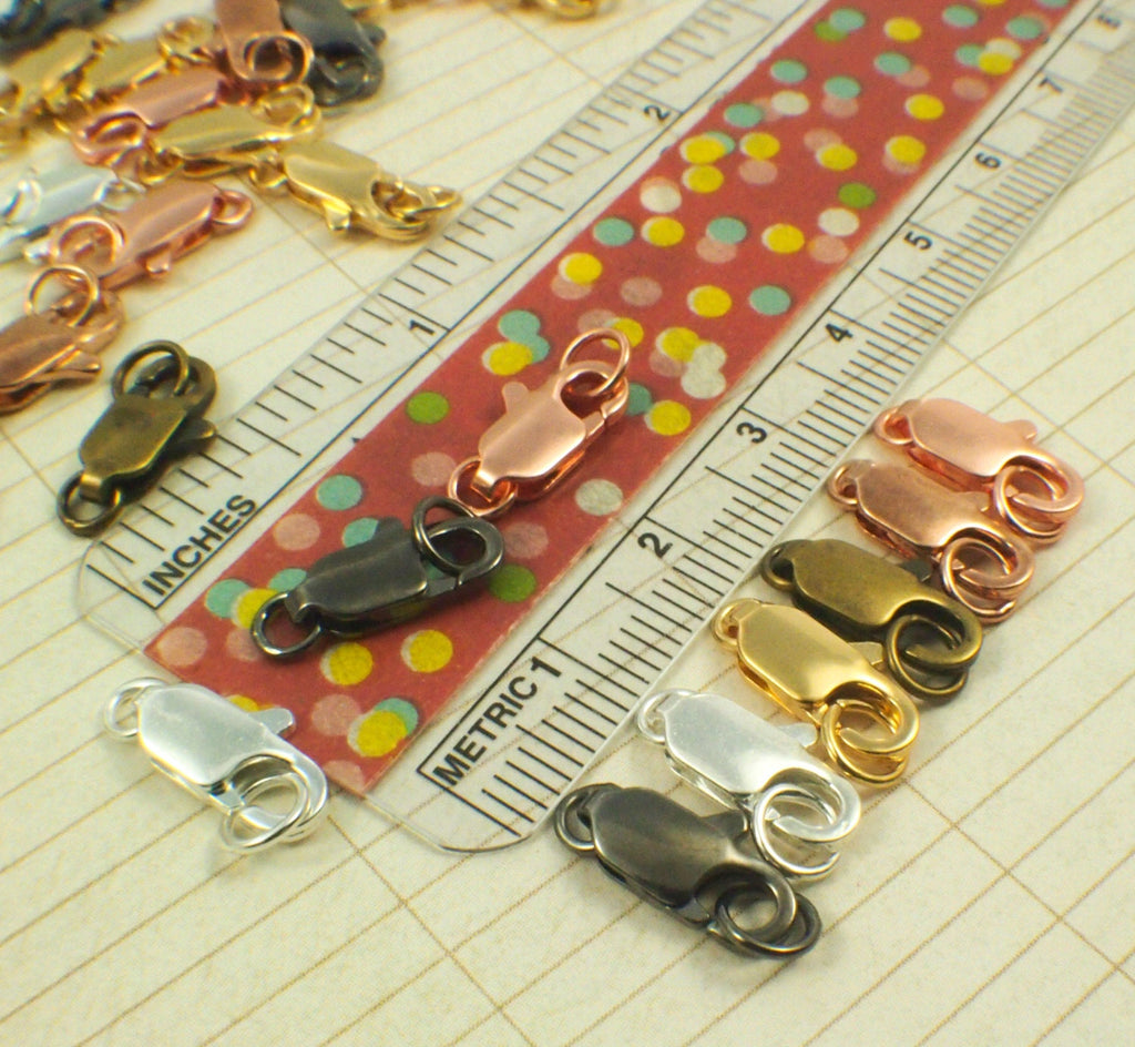 5 Small Flat Lobster Clasps 12mm X 5mm - Copper, Gunmetal, Silver, Gold, or Antique Gold Plated Brass with Jump Rings